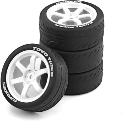 1/10 RC Rally Racing Tires And Hard Plastic Drift Wheels 12mm Hex On Road Tyres For 1:10 Touring Street Car Tamiya TT01 TT02 XV01 TA06 A959 PTG2 144001 HPI KYOSHO HSP PTG2 Traxxas 4PCS (White)