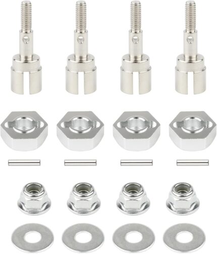 4 Sets 12mm Wheel Hex Drive Hub Adaptor & Steel Stub Axle & M4 Locknut Washers for 1/10 RC Car, Replace Parts of 102042 (02134) 122042 02033 for HSP 94108 94111 94123 94124 94170, Silver