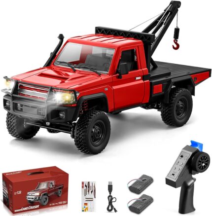 RC Crawler, 1:12 Scale MN82 New Upgrades MN82-T RC Crane Truck, 4WD LC79 Land Cruiser Rock Crawler with Lights, Speed Adjustment, Crane, Tires All Terrain Wrecker for Teens Adults(Red)