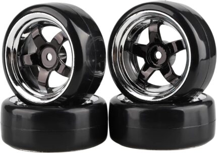 Plating 5-Spoke 12mm Hub Wheel Rims with Hard Plastic Tires for RC 1:10 Drift Car Color Black, 1/10 RC Tires and Wheels for 1/10 Redcat HSP HPI RC Drift Cars