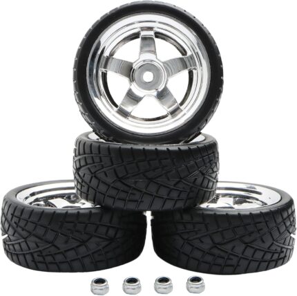 4PCS 12mm Hex Hub RC Cars Wheels and Tires,62mm On Road Touring Rubber Racing Rally Tires Set for 1:10 1:16 1:18 XV01 TT01 TT02B HSP 94122 94123 94103 3850 3851 FW06 16889 RC Cars(Silver)